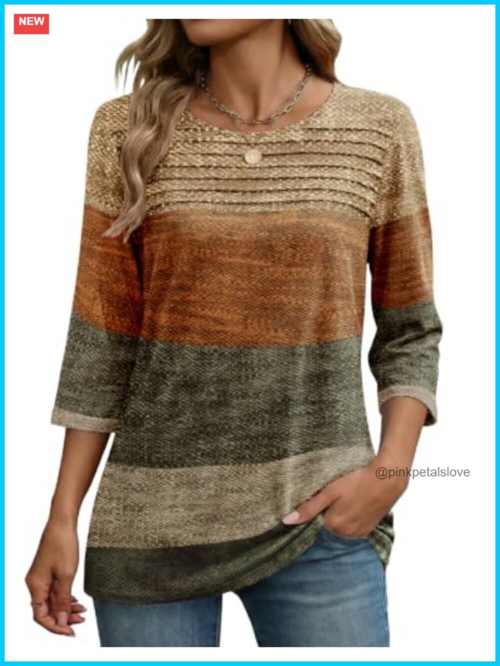 Women's 3/4 Sleeve Pleated Tunic Blouse Casual Dressy Top